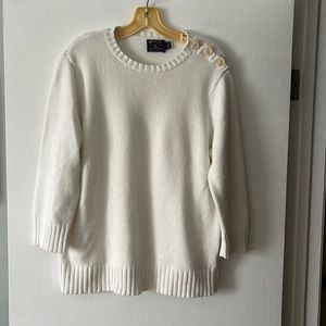 American Living White Cotton Crew Neck Sweater With Three Quarter Sleeves